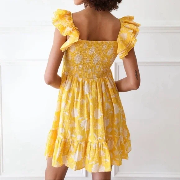 MILLE Bea Yellow and white Ruffle Sleeve Smocked Bodice Mini Dress Women’s Small - Picture 2 of 11